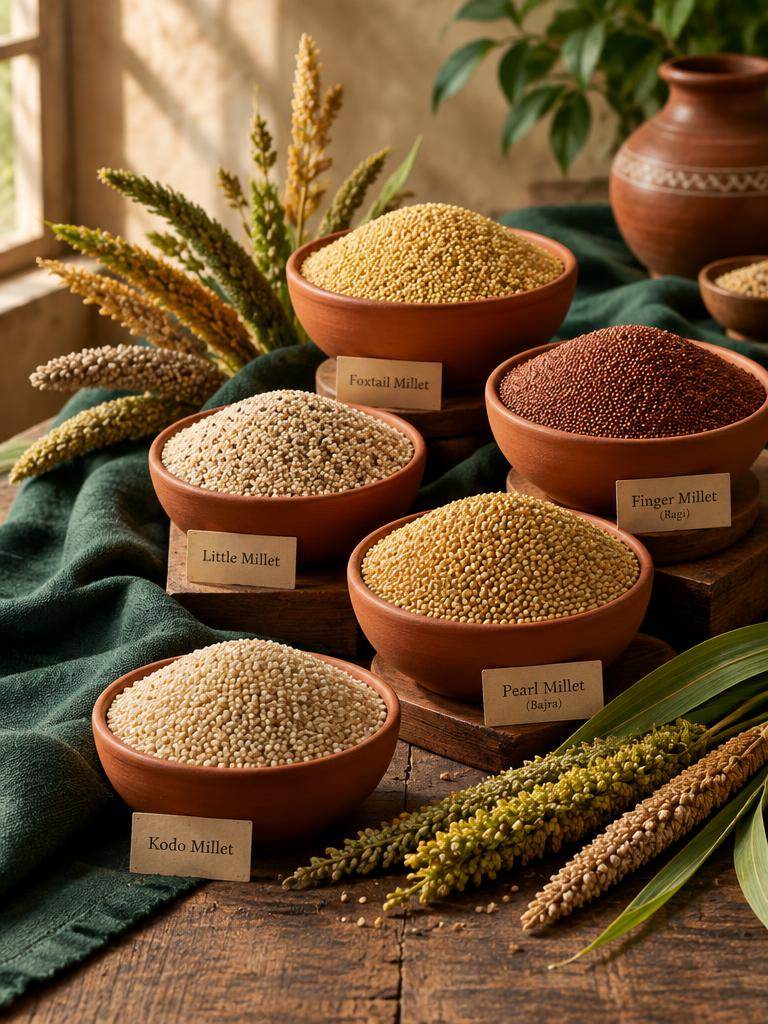Assorted millets in bowls