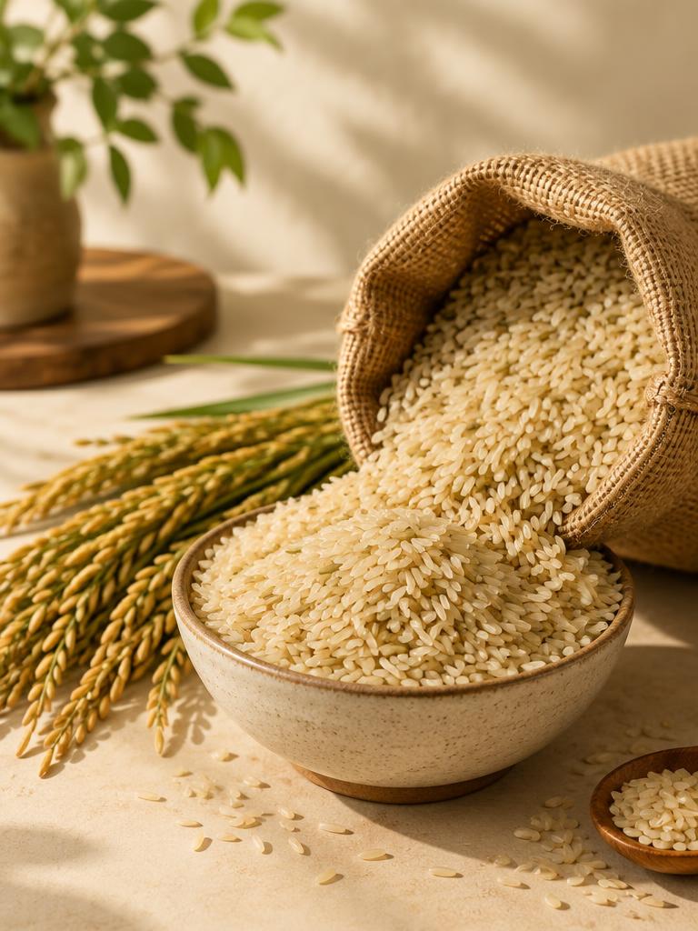 Rice and grain stalks beside a jute sack