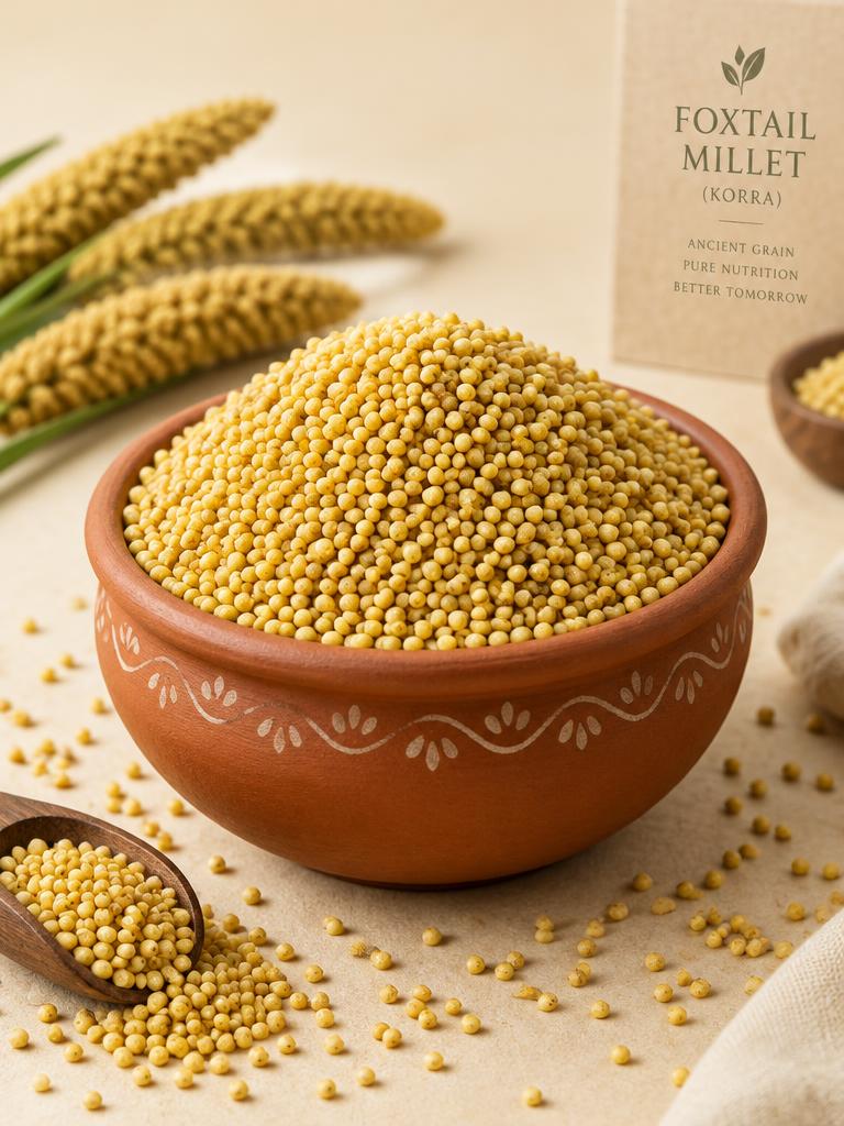 Golden foxtail millet (korra) in a clay bowl
