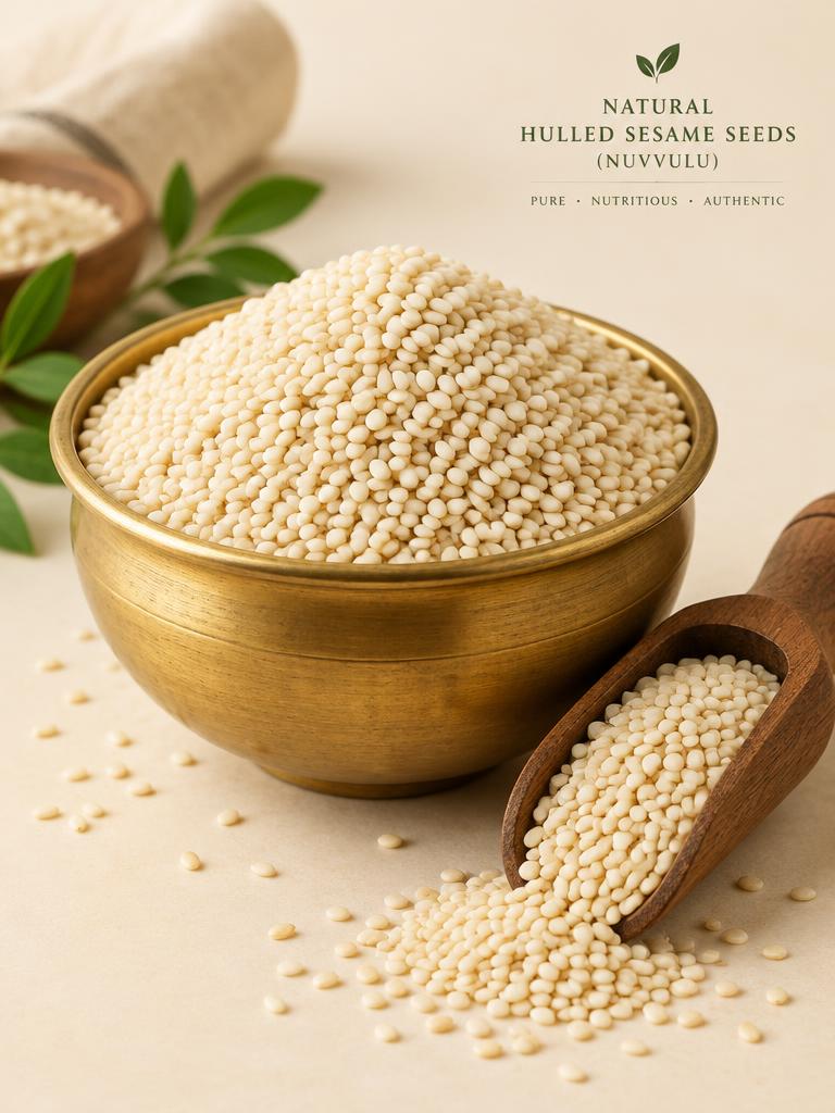 Hulled white sesame seeds (nuvvulu) in a brass bowl