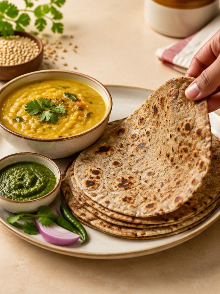 Jowar rotis on a plate with dal and chutney
