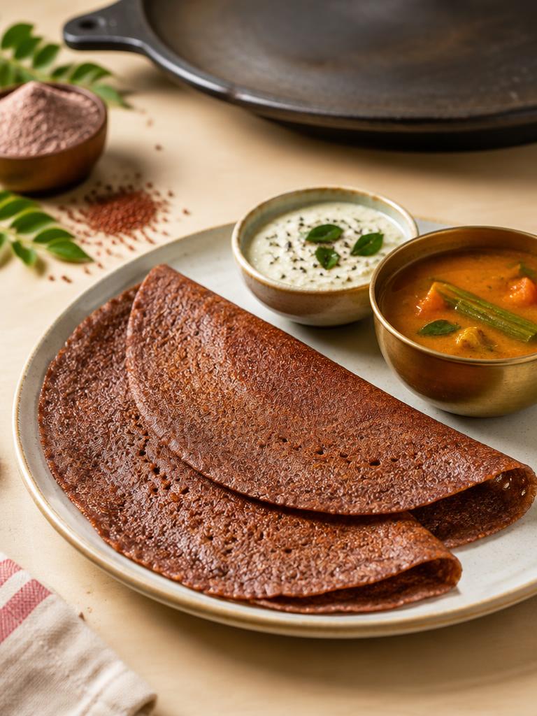 Ragi dosa on a plate with chutney and sambar